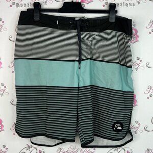 Quiksilver Men's Striped Swim Shorts - Black and Aqua high line trunks surf